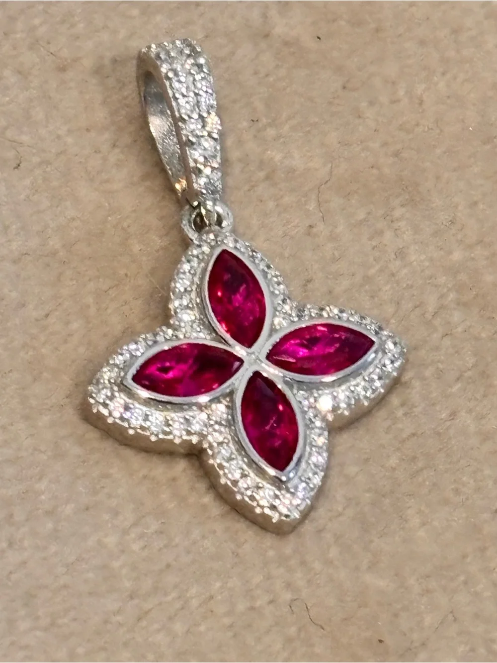 925 Sterling Silver Four-Petal Ruby CZ Pendant NEW